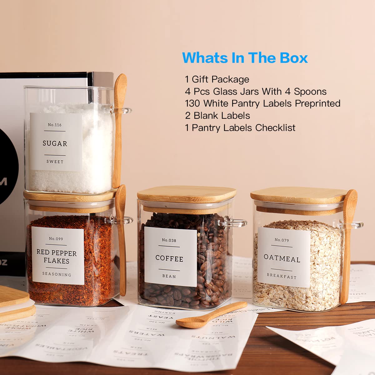 CZZGSM Set of 4 Square Glass Jar with Bamboo Lids and Spoons – Airtight 27 oz Borosilicate Glass Food Storage Contaienrs with 132 Kitchen Pantry Labels for Coffee, Tea, Sugar CZZGSM