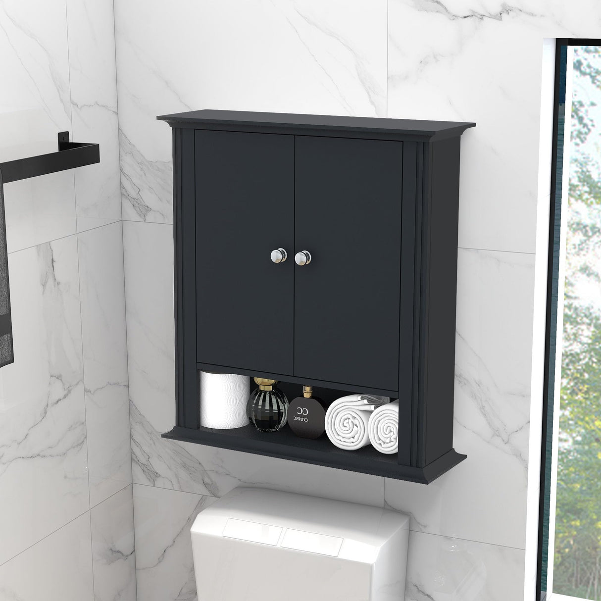 UYIHOME Wall Cabinet Over Toilet, Wall Mounted, Wooden Storage Cabinet with 2 Doors, Hanging Storage Cabinet Over Toilet, Upper Cabinet Storage Cupboard for Kitchen Laundry Room, Black UYIHOME