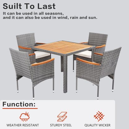 ARTBUSKE 5 Pieces Patio Dining Sets for 4 Outdoor Patio Furniture Sets with Acacia Wood Table Top Wicker Outdoor Furniture Set for Patio, Yard,Deck,Gazebo,Grey - WoodArtSupply