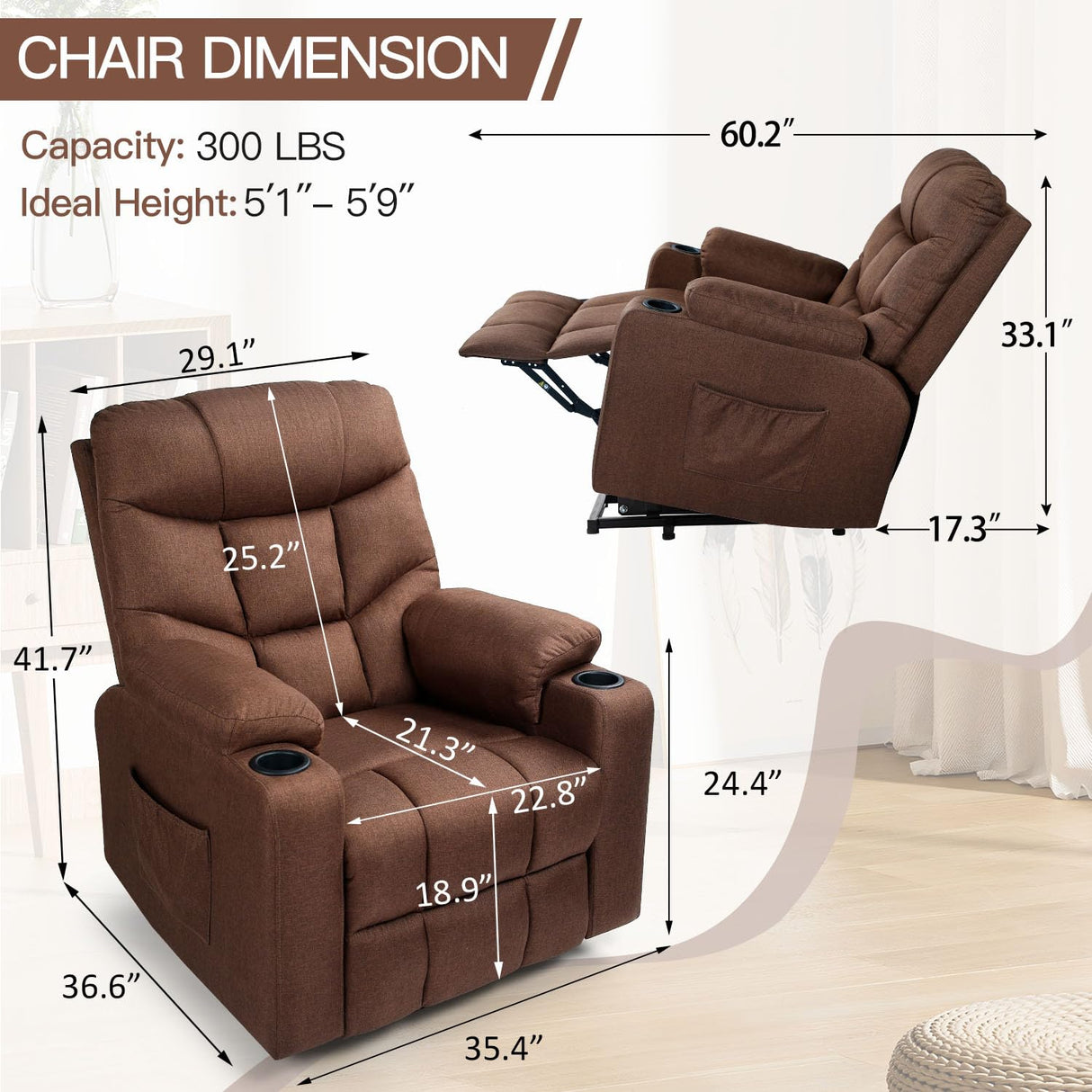 Esright Power Lift Recliner for Elderly, Electric Lift Chair with Heated Vibration Massage,Heavy Duty Electric Recliner with Side Pockets, USB Charge Port & Cup Holders, Brown Esright