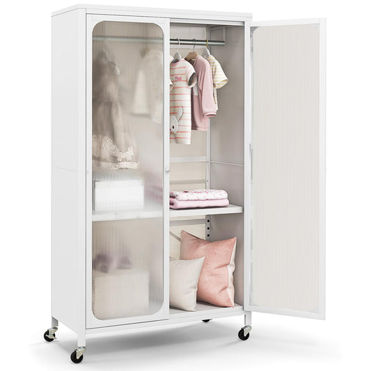 Giantex Closet Wardrobe, Portable Closet with Rollers, Mobile Metal Armoire Closet with Hanging Rod, Adjustable Shelf, Rolling Closet Storage Accent Cabinet, Armoire Clothes Organizer for Bedroom