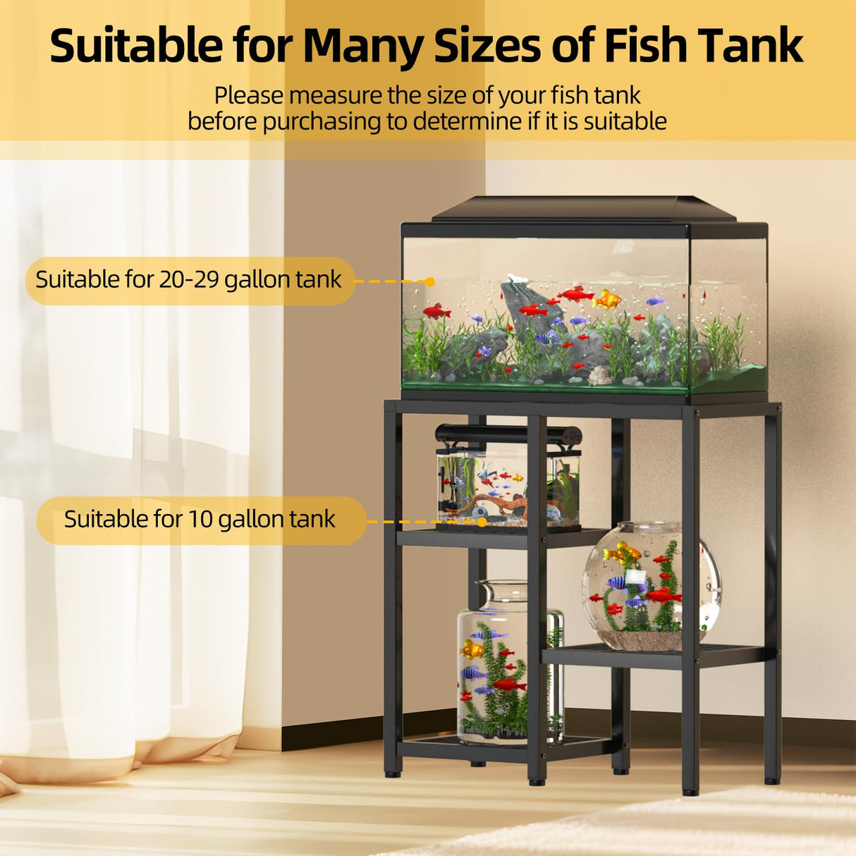 KDSOM 20 Gallon Fish Tank Stand Aquarium Stand, Metal Fish Tank Table, 3 Tier Turtle Reptile Terrarium Tank Stand for Home Office, 29.1" X 12.2" X 29.5", Black KDSOM