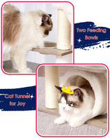 Gitelsnour Cat Tree, 64" Tall Wood Cat Tower for Indoor Cats Large Adult, Modern Cat Condo with Scratching Post and Food Station, Cat Tunnel, 2 Cat Bowls, Hammock, Rustic Gray GCT101-MSG Gitelsnour