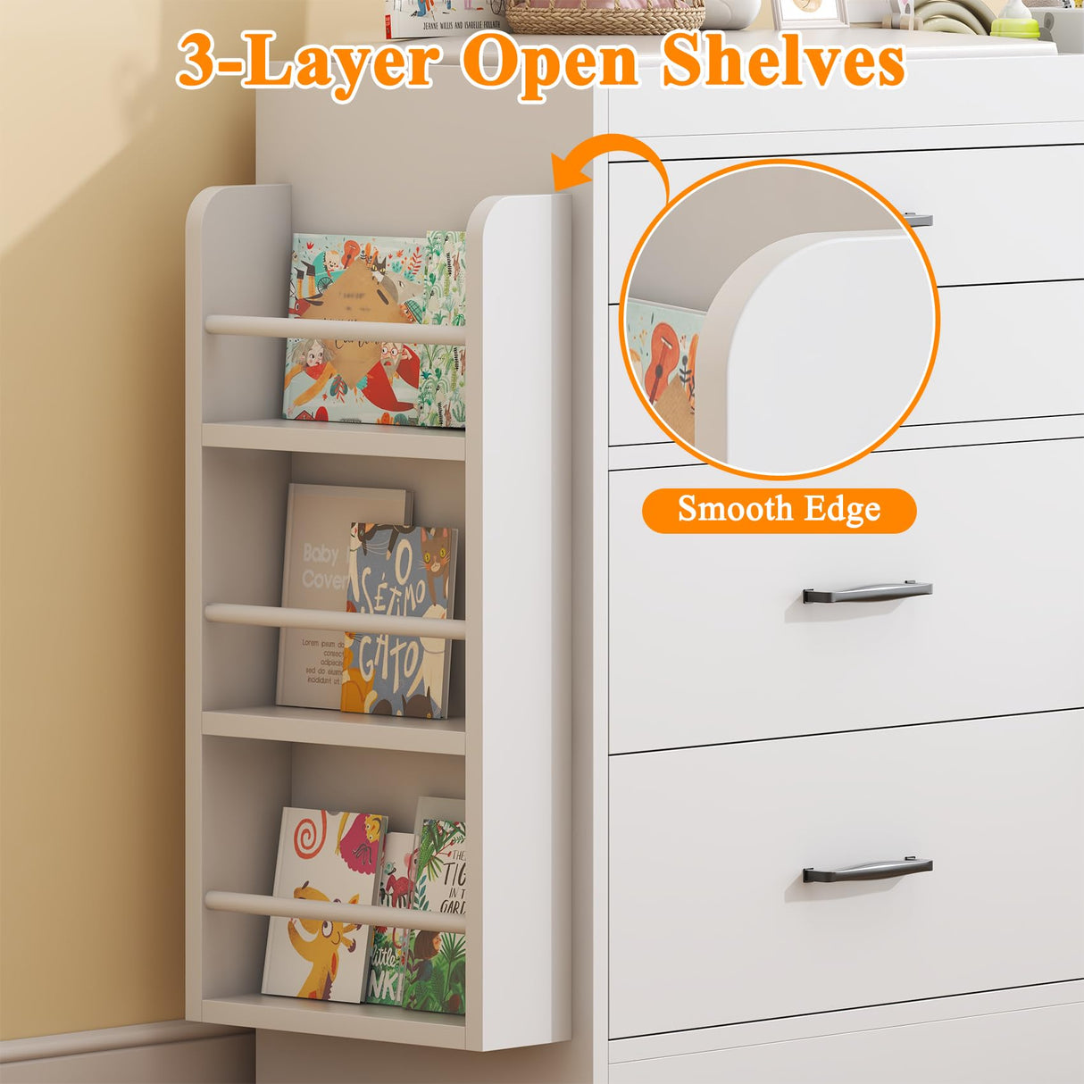 Bigbiglife Changing Table Dresser, Baby Nursery Dresser with 4 Drawers & 1 Cabinet & 3 Open Shelves Storage, Modern Diaper Changing Station for Children's Room, Changing Pad Included, White Bigbiglife