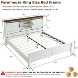 Farmhouse King Size Bed Frame with Stylish Storage Headboard and Charging Station in Antique White T4TREAM