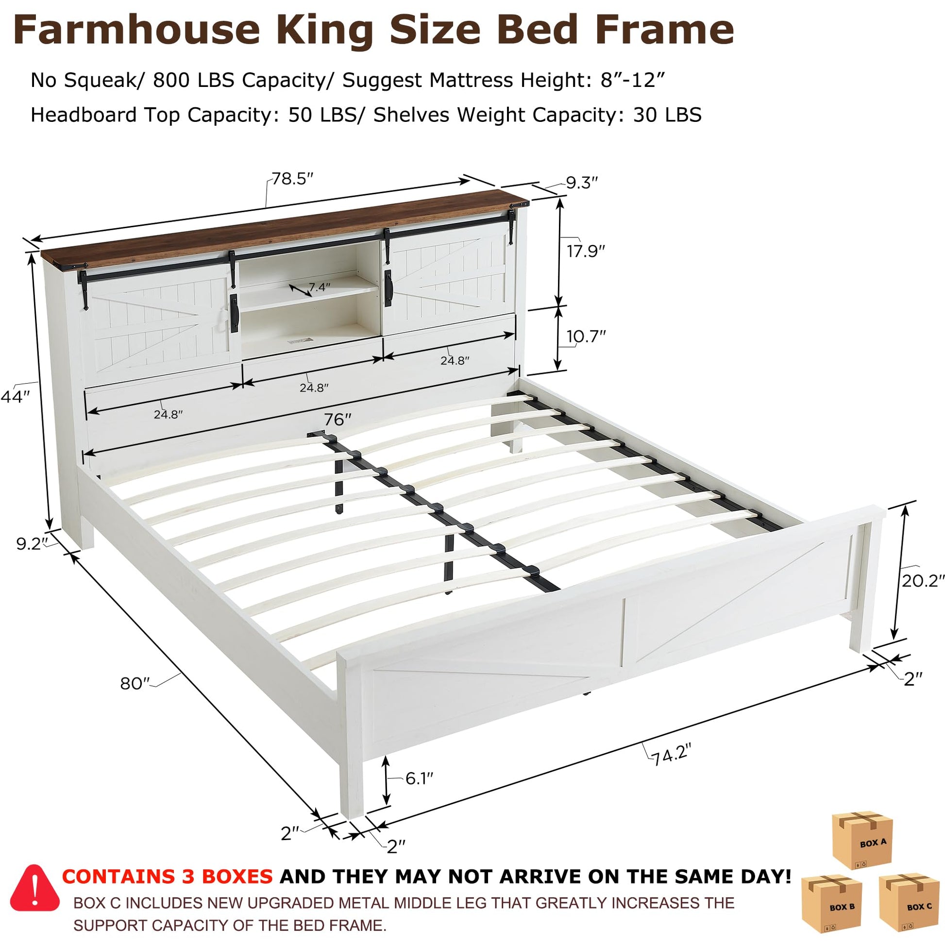 Farmhouse King Size Bed Frame with Stylish Storage Headboard and Charging Station in Antique White - WoodArtSupply