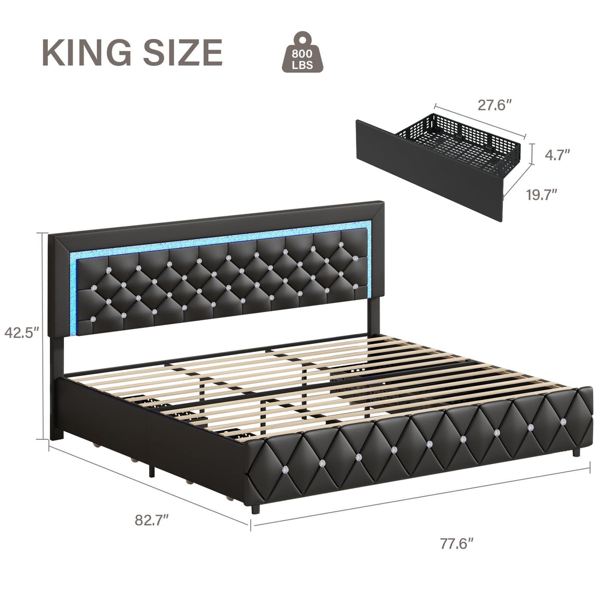 King Size Bed Frame with LED Lights and Storage Drawers, Upholstered Platform Bed with Crystal Tufted Headboard, Wooden Slats Support, No Box Spring Needed, Easy Assembly, Black BarnFurin