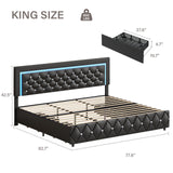 King Size Bed Frame with LED Lights and Storage Drawers, Upholstered Platform Bed with Crystal Tufted Headboard, Wooden Slats Support, No Box Spring Needed, Easy Assembly, Black BarnFurin