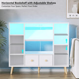 Furologee White Cube Shelf with 2 Drawers, 42inch Triple Wide Bookshelf with Power Outlets and LED Lights, 4-Tier Wood Bookcase Freestanding with Legs, Large 8 Cube Organizer for Bedroom, Living Room Furologee