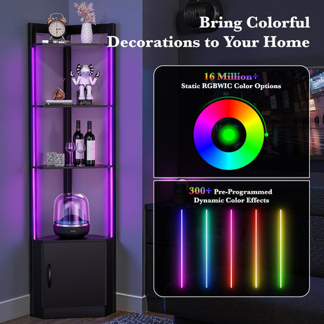 5-Tier Corner Shelf with RGB LED Light, 65" Tall Display Cabinet with Storage, Remote & APP Control, Adjustable Brightness/Color Temp, Floor Lamp with Shelves for Living Room Bedroom (Black) Eclathome