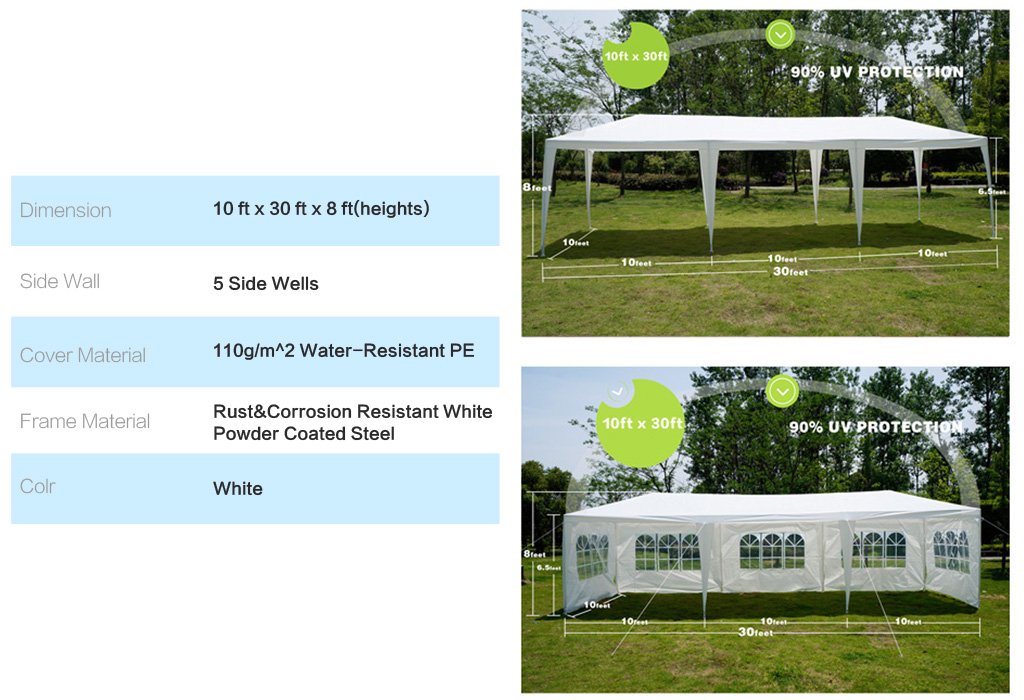 GOJOOASIS Wedding Party Tent 10x30 White Outdoor Canopy Tent Outdoor Gazebo (10' x 30' with 5 Walls) GOJOOASIS
