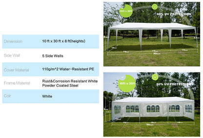 GOJOOASIS Wedding Party Tent 10x30 White Outdoor Canopy Tent Outdoor Gazebo (10' x 30' with 5 Walls)