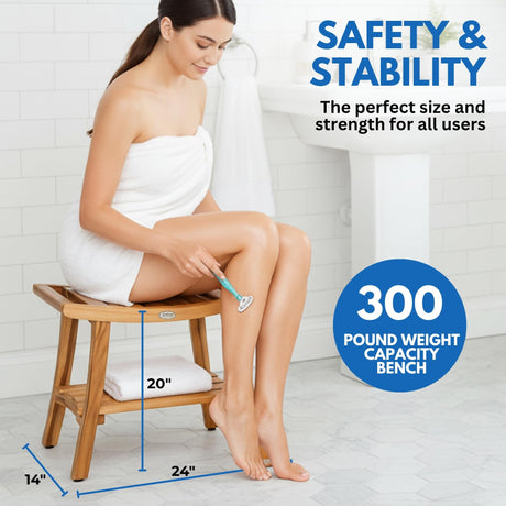 EcoDecors 24 Inch Harmony Natural Color Waterproof Teak Wood Shower Bench Stool Seat Chair For Inside Shower Storage Shelf Provides Safety, Storage, and Organization For Bathroom Accessories EcoDecors