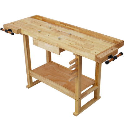 55" Rubber Wood Workbench, Heavy Duty Work Bench with Drawer& Shelf, Work Bench Table for Garage, Workshop, Home Storage, Woodworking Bench, 330 lbs Weight Capacity (55 Natural)