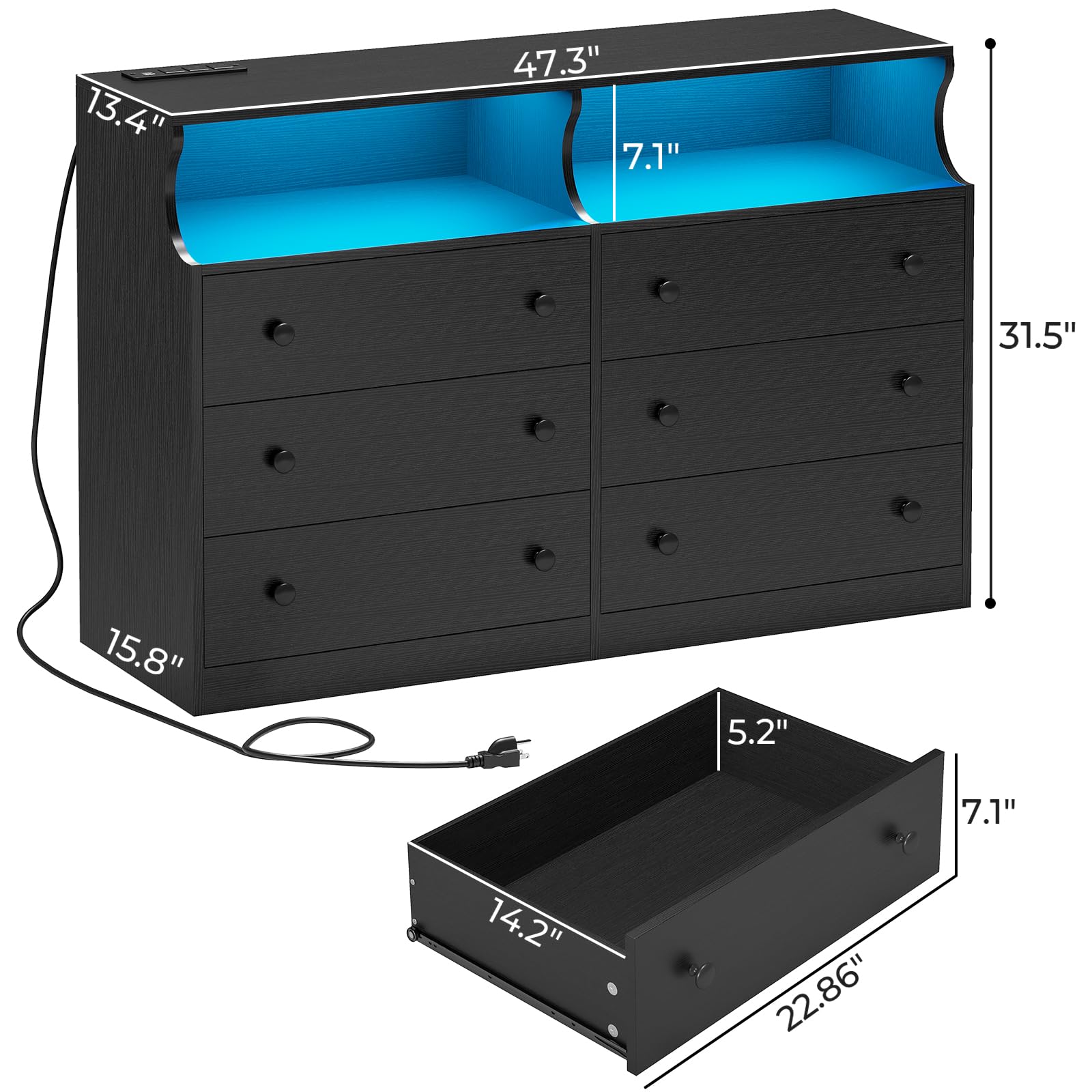 Hasuit 6 Drawer Dresser with LED Lights and Charging Station, Wide Chest of 6 Drawers with Open Space, Modern Large Capacity Storage Cabinet, Black Dresser for Bedroom, Living Room, Hallway - WoodArtSupply