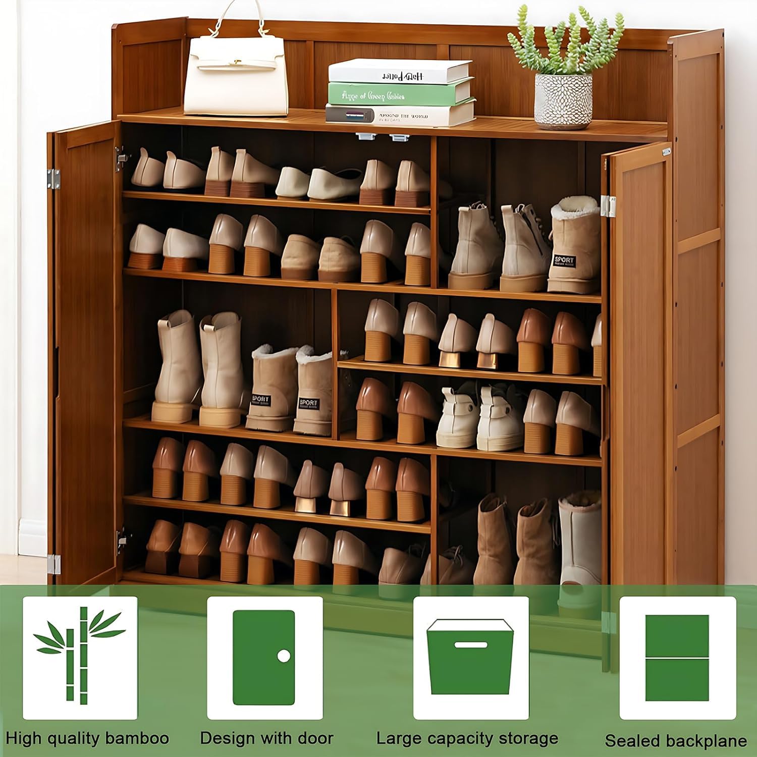 walkclpck 7 Tier Bamboo Shoe Cabinet with 2 Folding Doors, 36-40 Pairs Freestanding Shoe Storage Cabinet,Entrance Shoe Rack, Brown, 46" L x 13" W x 45.3" H - WoodArtSupply