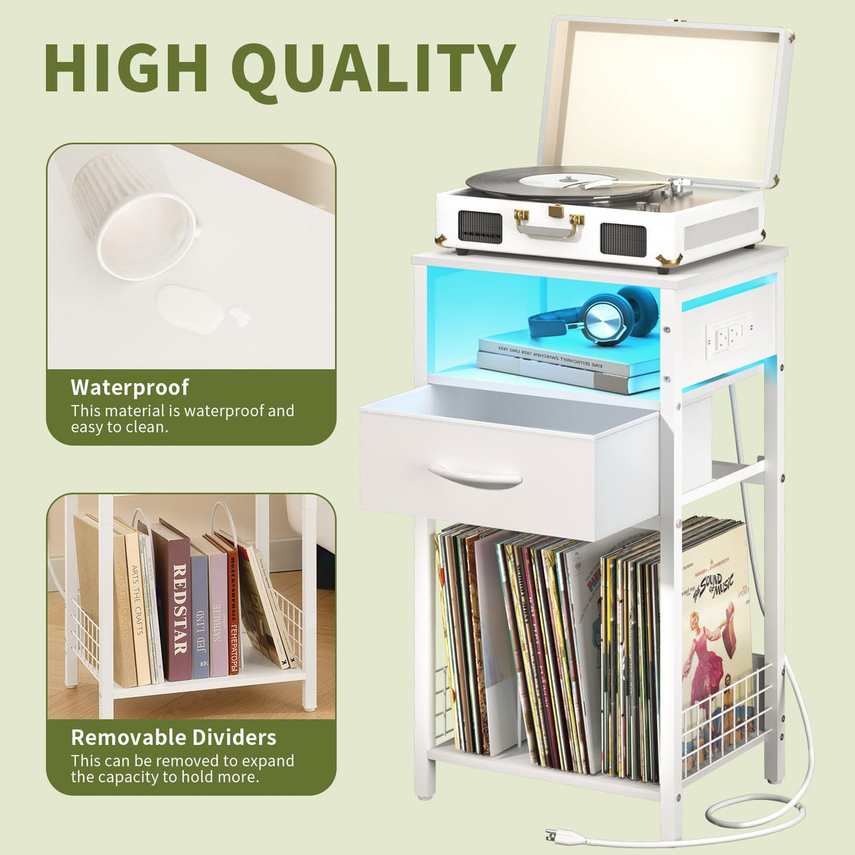 Yoobure Side Table - Night Stand with Charger Station & LED Light, 3 Tier Small End Table Living Room, Bedside Table with Drawer, Record Player Stand with Vinyl Storage, White Nightstand for Bedroom Yoobure