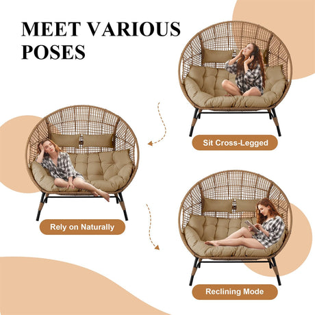 FINCATI Indoor Outdoor Double Egg Chair, 2 Person Oversized Wicker Rattan Stationary Lounge Chair with Legs, 680 lbs Loveseat Boho Egg Basket Chairs for Patio Garden Backyard Living Room Brown FINCATI