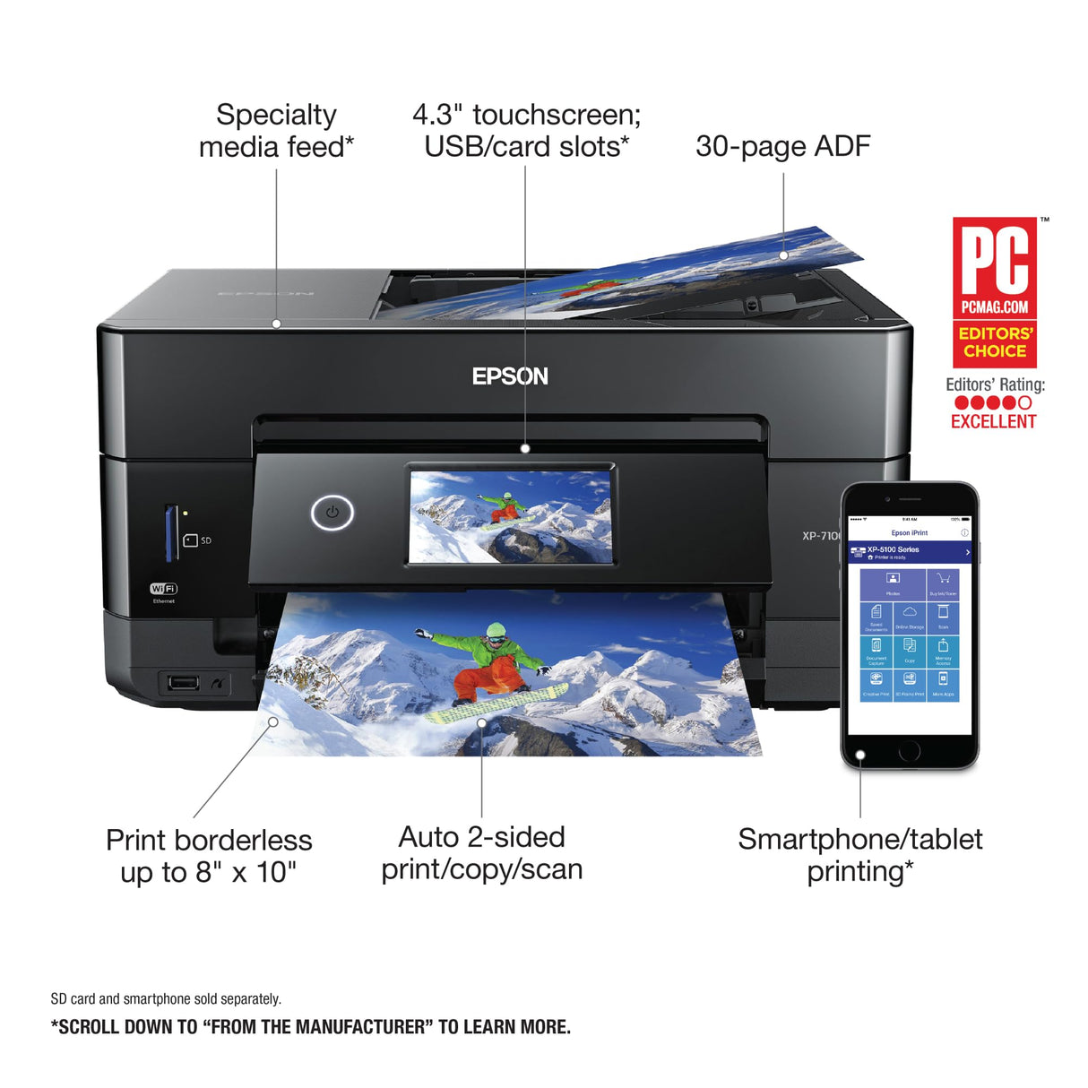 Epson Expression Premium XP-7100 Wireless Color Photo Printer with ADF, Scanner and Copier, Black, Small Epson