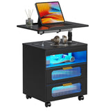 HNEBC Nightstand with Wireless Charging Station, LED Nightstand Has Adjustable Rotary Workstation,Smart Night Stand with 2 Drawers,Modern Bedside Table for Bedroom, Sensor Light/Wheel (Black) HNEBC