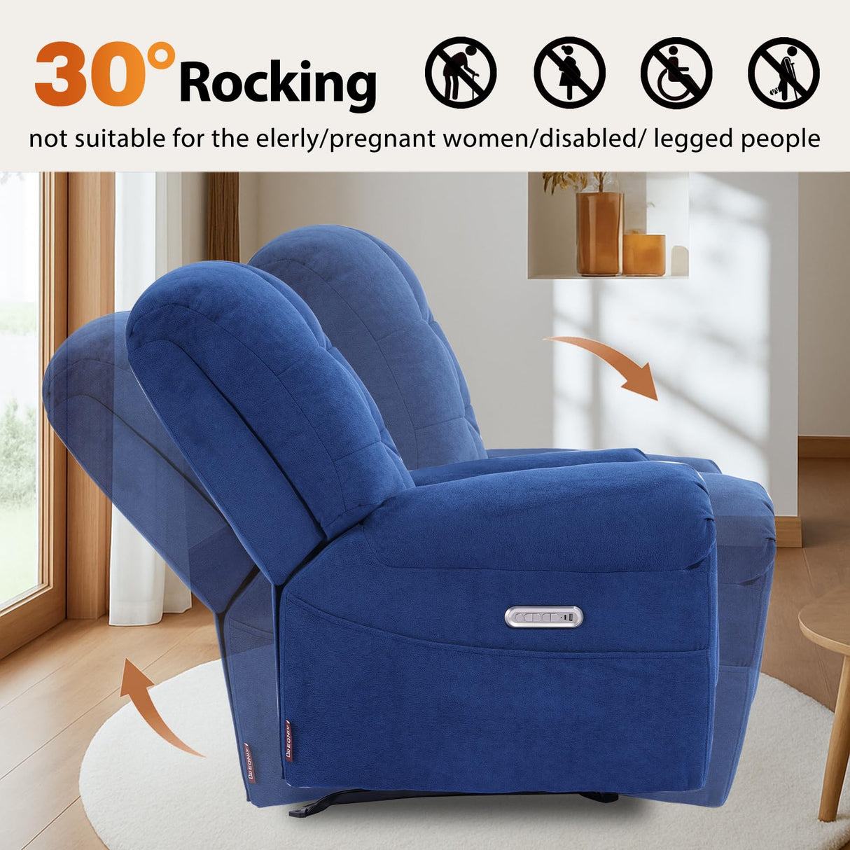 EONIX Power Rocker Recliner Chair, Lazy Boy Recliner Rocking Chair for Adults and Nursery, Electric Recliner Chair with Heat and Massage for Living Room, Bedroom, Study Room, Relaxation, Navy Blue EONIX