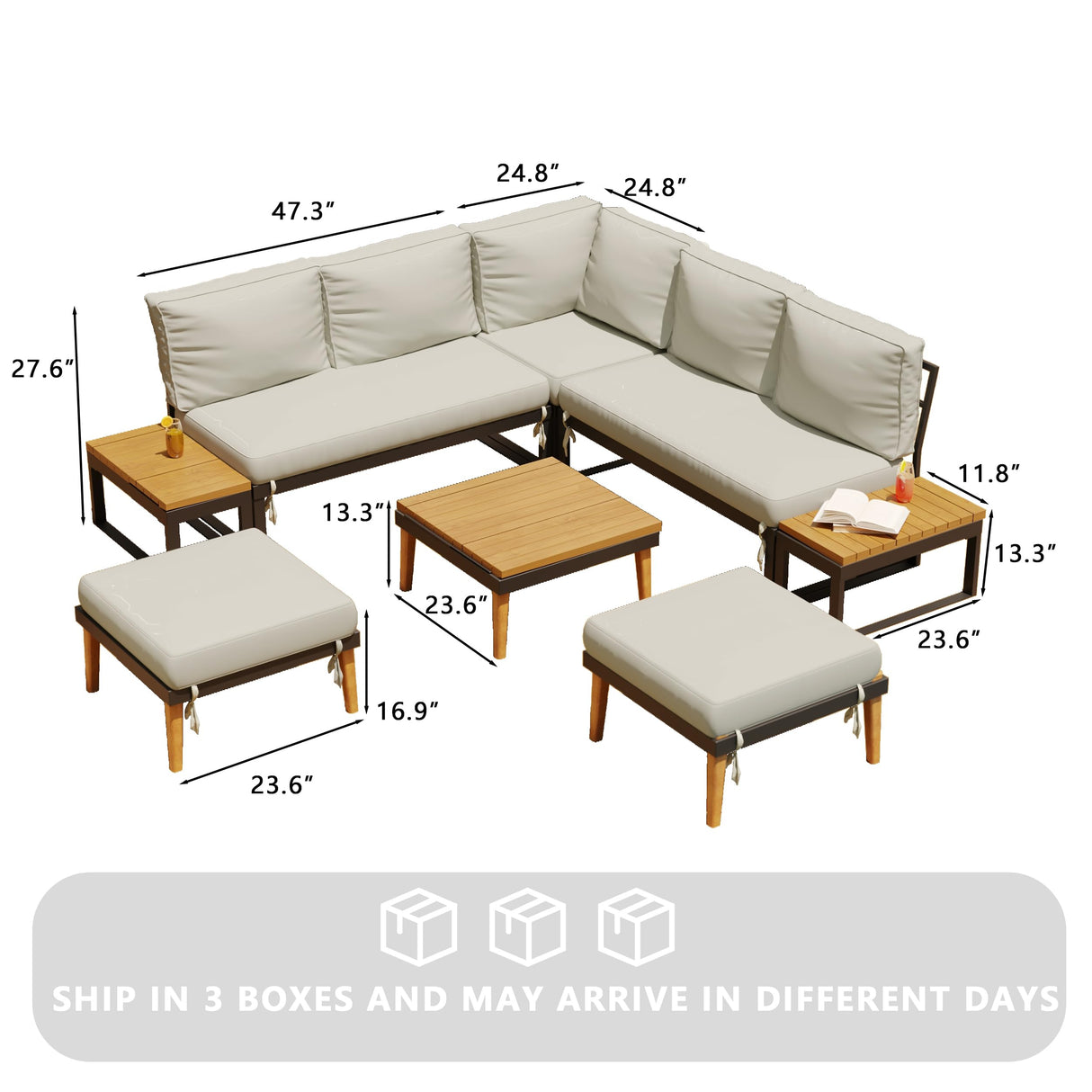 WiberWi 8 Pieces Patio Furniture Set, Outdoor Sectional Sofa Couch with Acacia Wood Coffee Table&Side Table,Modern Metal Outside Conversation Sets for Backyard,Lawn,Garden,Wood Legs,Beige WiberWi