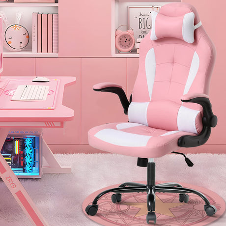 Gaming Chair for Adult, Kids Pink Office Desk Chair Ergonomic High Back Computer Chair with Lumbar Support Flip-up Arms Headrest PU Leather Swivel Task Chair for Girls Dkeli