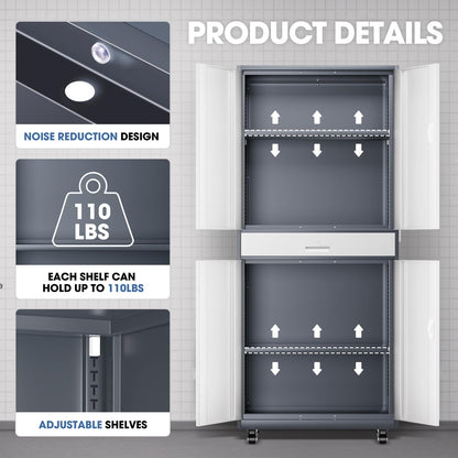 DNA MOTORING Metal Storage Cabinet, 73'' Rolling Garage Cabinet with 1 Drawer and Adjustable Shelves, Lockable Cabinet Heavy Duty Utility Cabinet for Garage,Office,Home,Gray White, TOOLS-00630-GY-WH