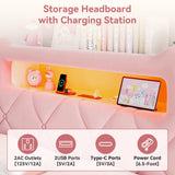 Full Upholstered LED Bed Frame with 2 Storage Drawers and 2-Tier Storage Headboard, Velvet Princess Platform Bed with Charging Station & Bookcase, Heavy Duty Metal Support, No Box Spring Needed, Pink Jocoevol