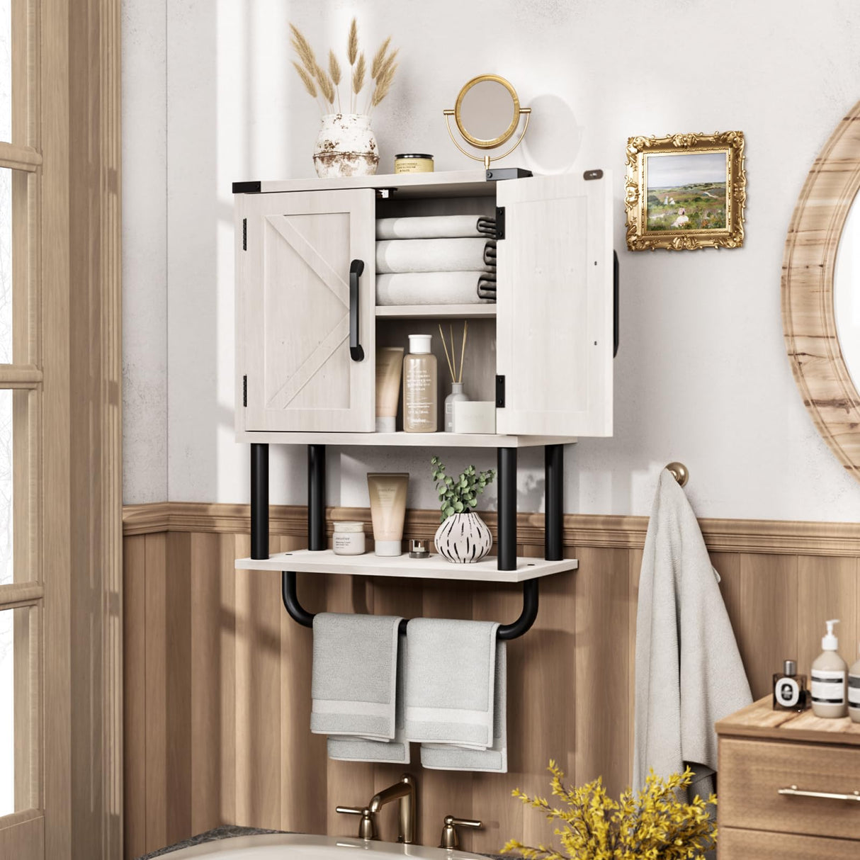 AmazerBath Bathroom Wood Wall Cabinets, Farmhouse Medicine Cabinets Organizer with Towel Bar, Hanging Small Storage Cabinet with Adjustable Shelf, 2 Doors Wall Organizer Cabinet for Small Spaces AmazerBath