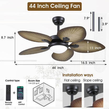 Wiviniya Tropical Ceiling Fans with Lights, 44 Inch Indoor Outdoor Palm Leaf Ceiling Fan for Patios Porch Bedroom, Remote/APP Control, Dimmable, 6 Speeds, Reversible, Wood Grain