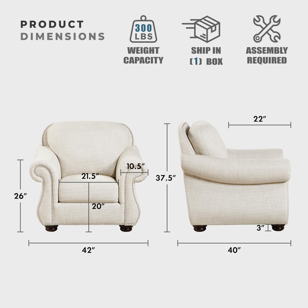 Lexicon Single Sofa Chair for Living Room Accent Chair, Textured Fabric Upholstered Armchair, Traditional Rolled Arm Chair, Comfy Chair for Bedroom/Office/Waiting Room, Beige Lexicon