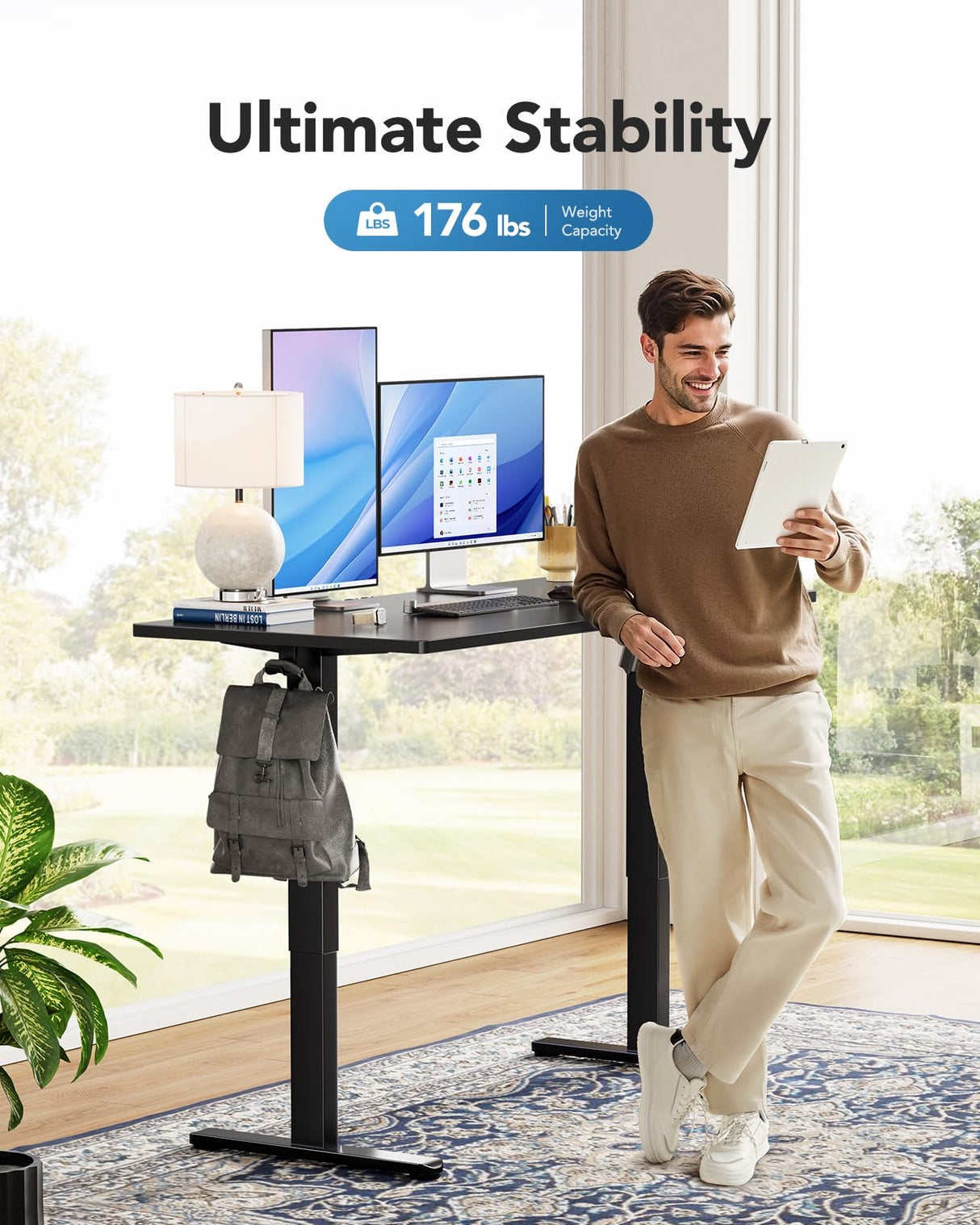 HUANUO Electric Standing Desk, 48" x 24" Whole Piece Desktop, Adjustable Height Computer Desk, 4 Height Memory Settings, Sit Stand Up Desk for Home Office, Black HUANUO