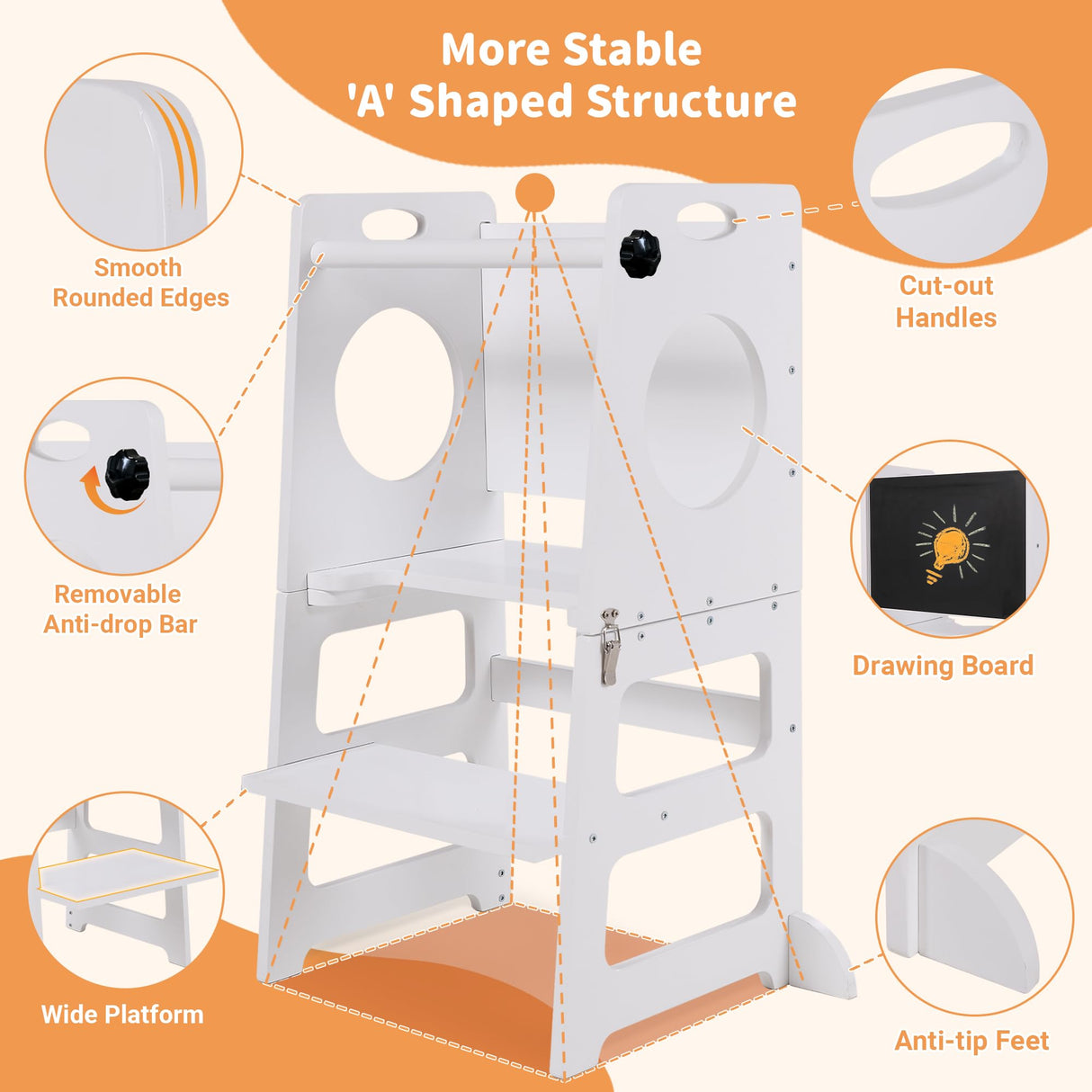 White Toddler Tower Step Stool for Kids Kitchen Stool Helper Toddler Standing Tower Foldable Toddler Table Kids Table and Chair Set 4 in 1 Montessori Helper Tower SHWWQUE