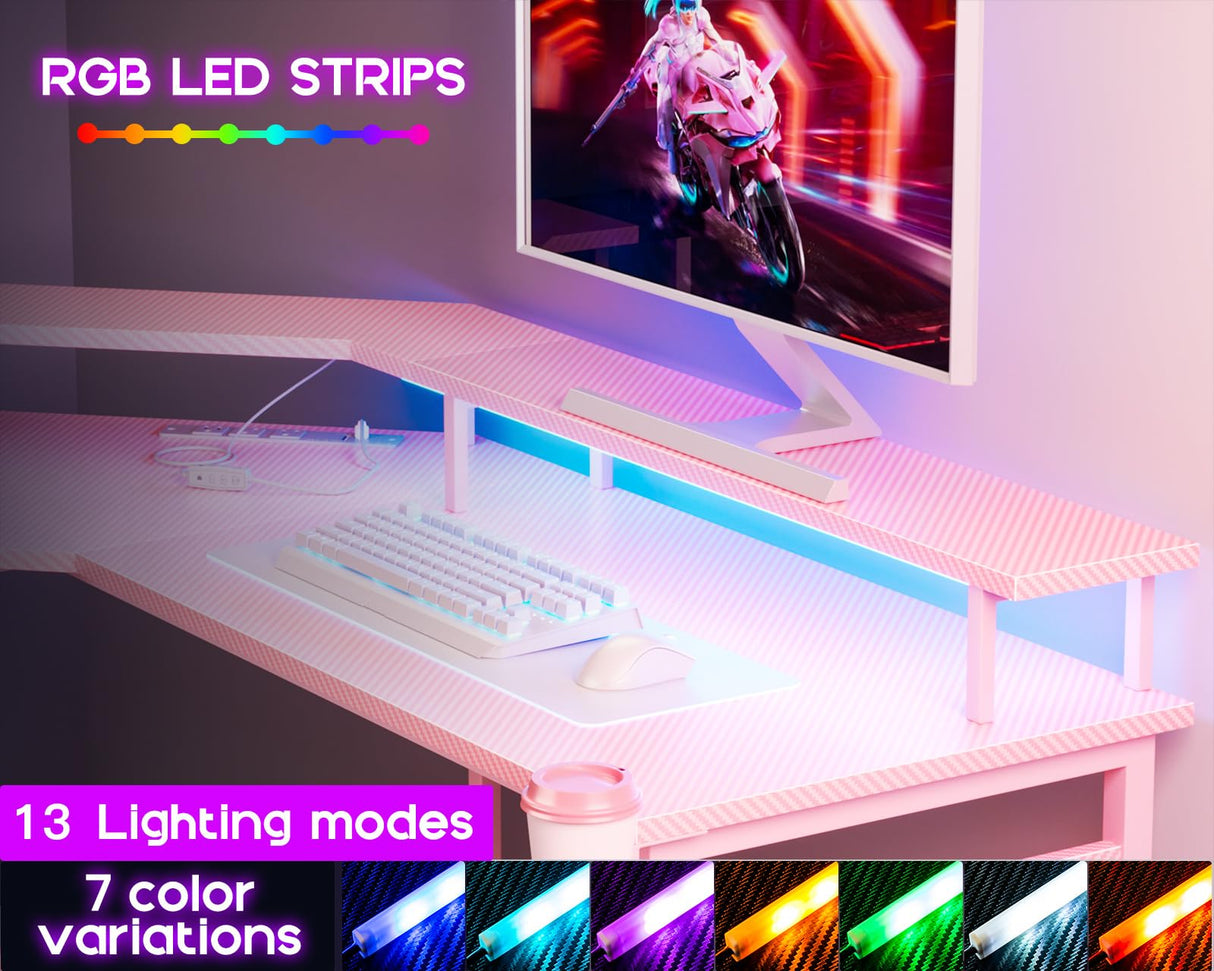 ODK L Shaped Gaming Desk with LED Lights & Power Outlets, 51" Computer Desk with Full Monitor Stand, Corner Desk with Cup Holder, Gaming Table with Hooks, Pink ODK
