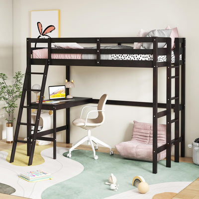 KOMFOTT Solid Wood Twin Loft Bed with Integrated Desk and Dual Ladders
