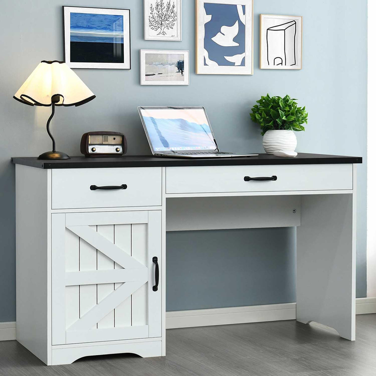 MaverickFurni White Computer Desk with 2 Drawers and Storage Cabinet, Farmhouse Desk with Drawers for Small Spaces, Wooden Desk for Bedroom MaverickFurni