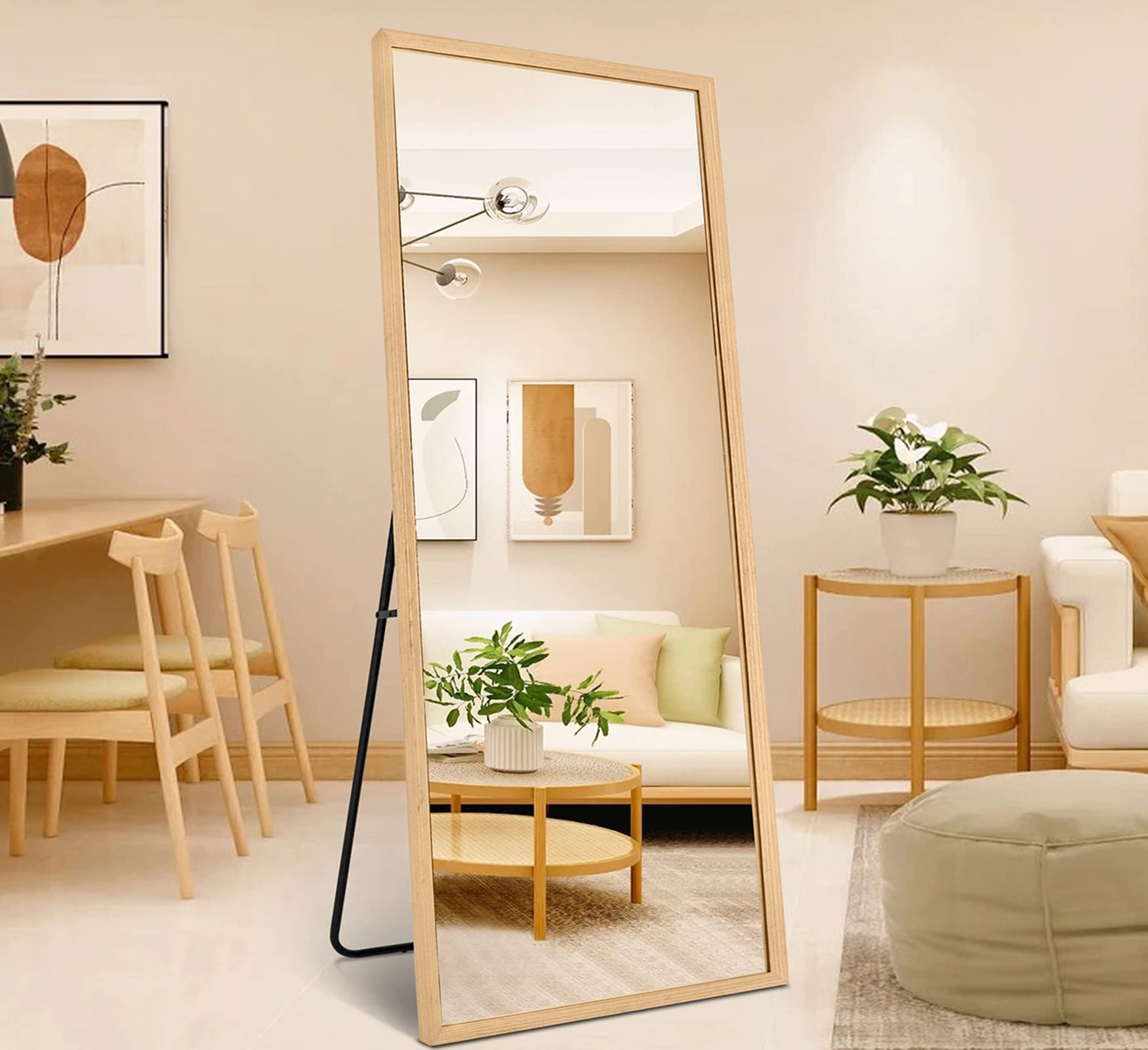 TheiaMo 65"×22" Wooden Full Length Mirror, Floor Mirror with Standing Holder Leaning/Hanging Mirror Wood Frame Large Wall-Mounted Mirror for Bedroom/Living Room, Solid Wood - WoodArtSupply