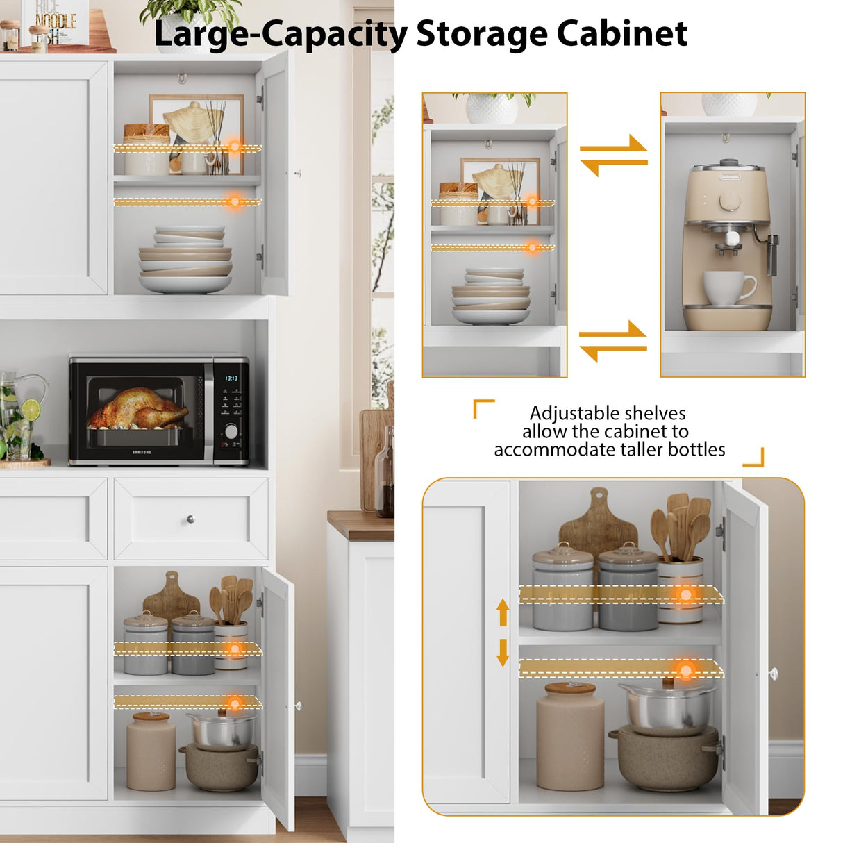 BOTLOG 72" Kitchen Pantry Cabinet, Kitchen Hutch with Microwave Stand, Buffet Cabinet with Hutch for Kitchen Dining Room, White BOTLOG