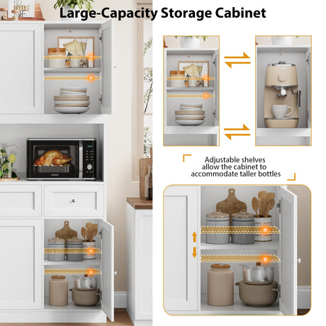 BOTLOG 72" Kitchen Pantry Cabinet, Kitchen Hutch with Microwave Stand, Buffet Cabinet with Hutch for Kitchen Dining Room, White BOTLOG