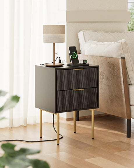 Aienvey Night Stand Charging Station, Modern Bedside Table with Storage 2 Drawer and Open Wood Shelf, Night Stand, End Table for Bedroom, Living Room, Black Aienvey