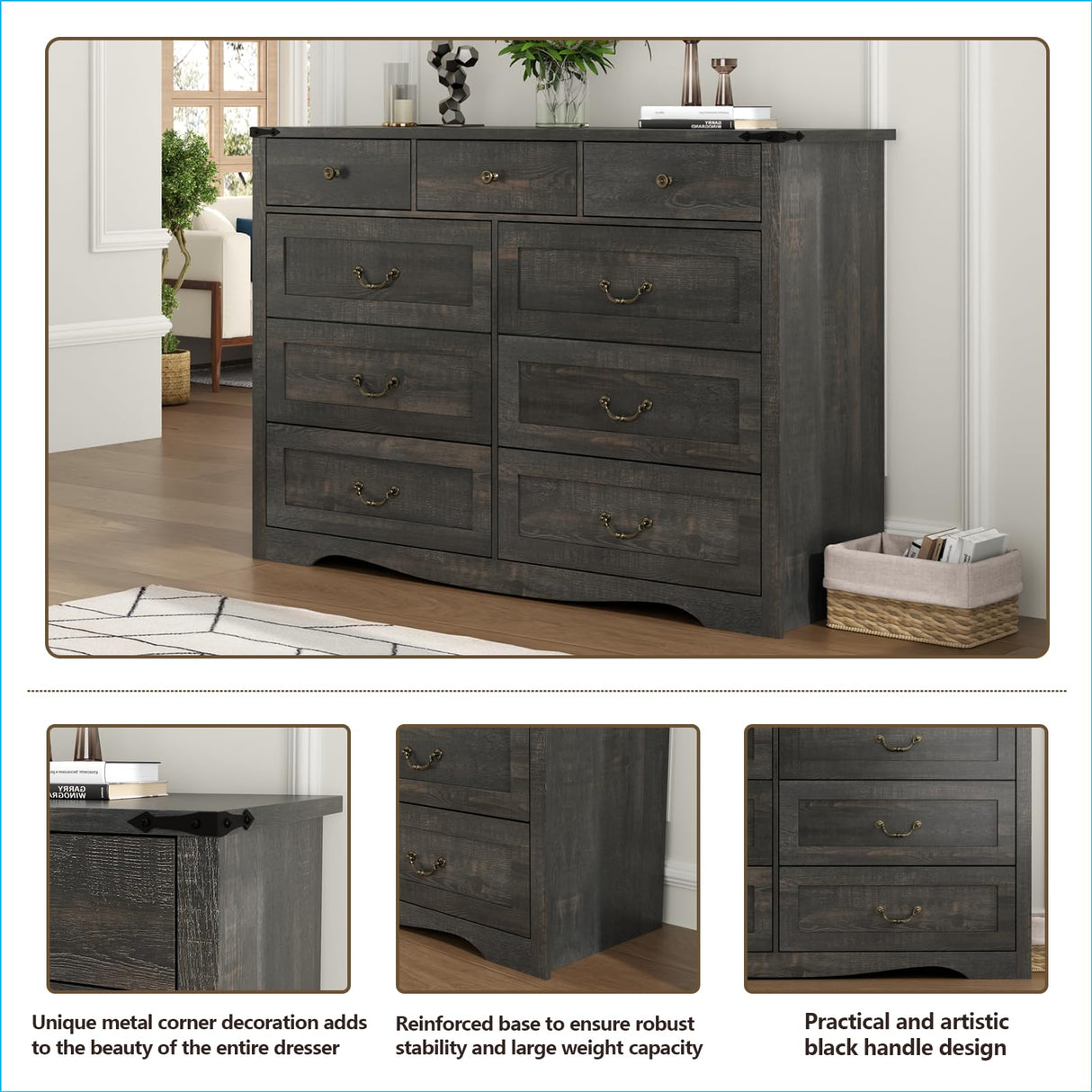 Gyfimoie Farmhouse 9 Drawers Dresser for Bedroom, Chest of Drawers with Natural Texture, Accent Storage Cabinet for Closet,Living Room (Dark Rustic Oak) Gyfimoie