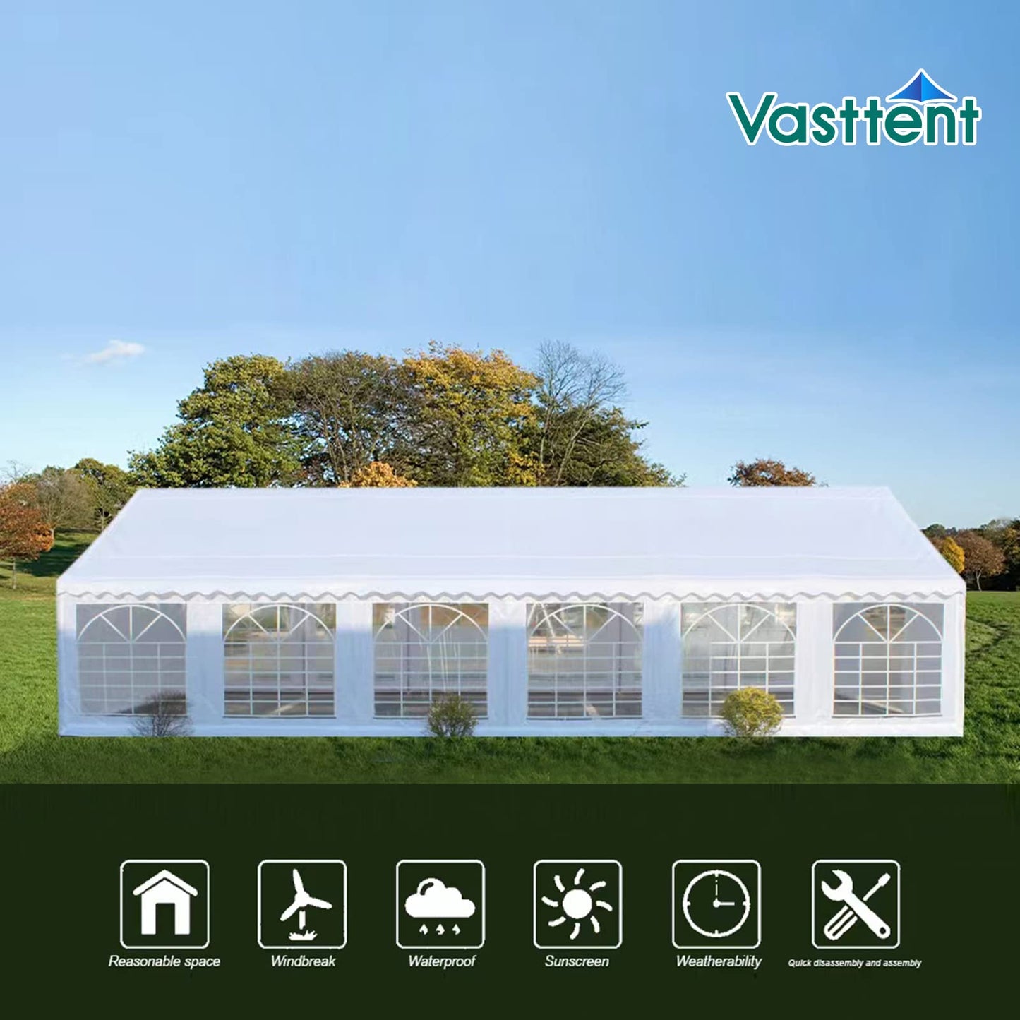 Vasttent 20’x40’ Party Tent for Wedding Party, Outdoor Events, and Camping - Heavy Duty Canopy Pavilion with 12 PVC Windows, Removable Sidewalls, Zippered Doorway, and Carry Bags - White