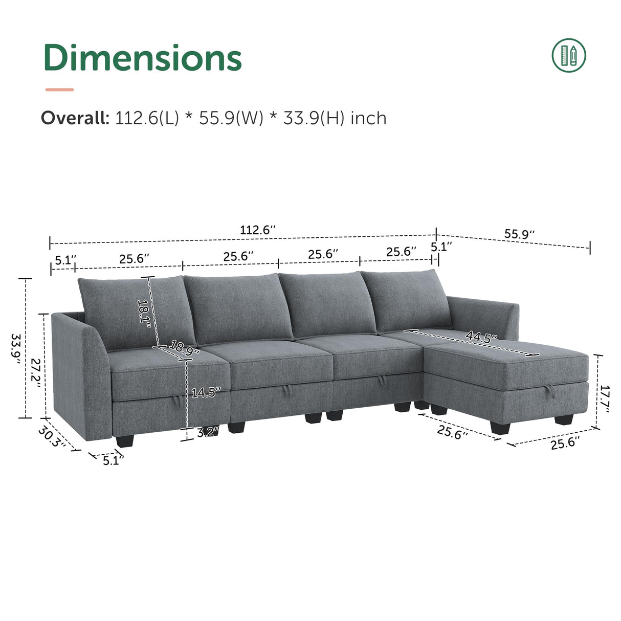 HONBAY Modular Sectional Couch with Reversible Chaise L-Shape Sofa 4-Seat Corner Couch Modular Sofa with Storage Seat, Bluish Grey HONBAY