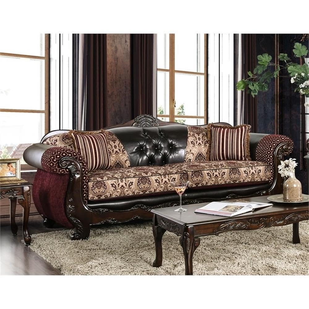 Furniture of America Eli Faux Leather Tufted Sofa in Burgundy and Dark Brown Furniture of America