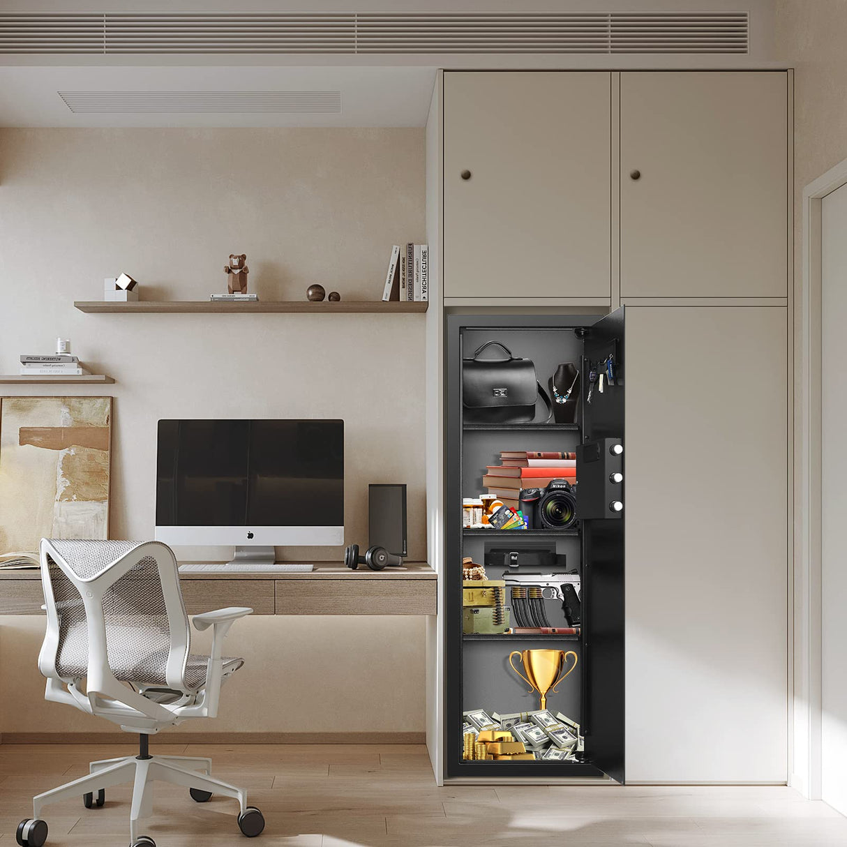 GHJGAGE 43.5" Tall Fireproof Wall Safe Between Stud, Heavy Duty Flush In Wall Safe With Digital Keypad & Removable Shelf, Hidden Gun Safe, Security Home Wall Safes For Storage Firearms Money Medicine GHJGAGE