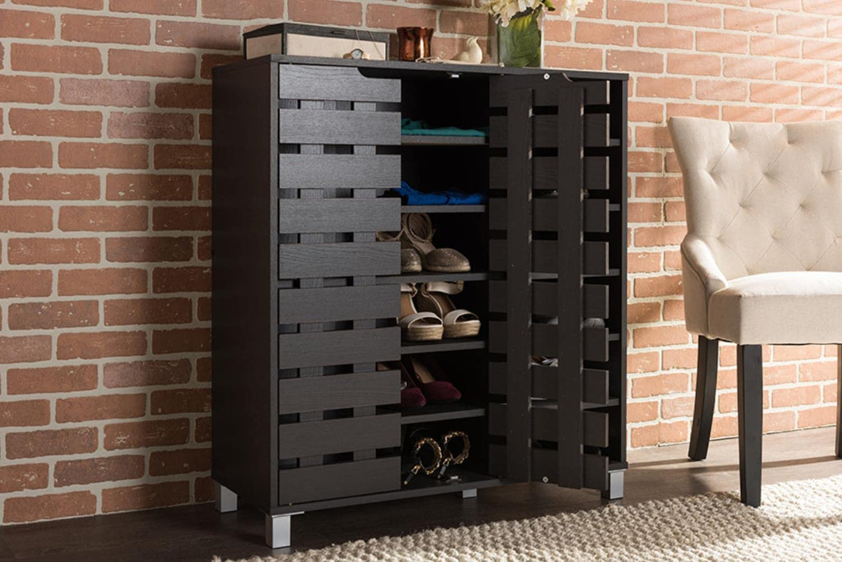 Baxton Studio Shirley Modern & Contemporary Wood 2-Door Shoe Cabinet with Open Shelves, Dark Brown Baxton Studio