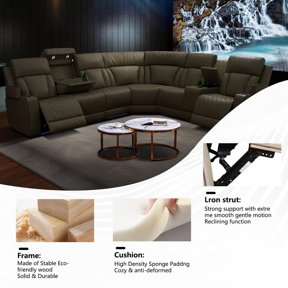 Power Leather Reclining Sofa with LED, Recliner Sectional Couch for Living Room, Reclining Couches with Reading lamp/Wireless Charging/Hide-Away Storage (Beige, Sectional) Pon Living Furniture Inc