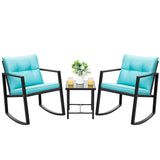 Devoko 3 Piece Rocking Bistro Set Wicker Patio Outdoor Furniture Porch Chairs Conversation Sets with Glass Coffee Table (Blue) Devoko