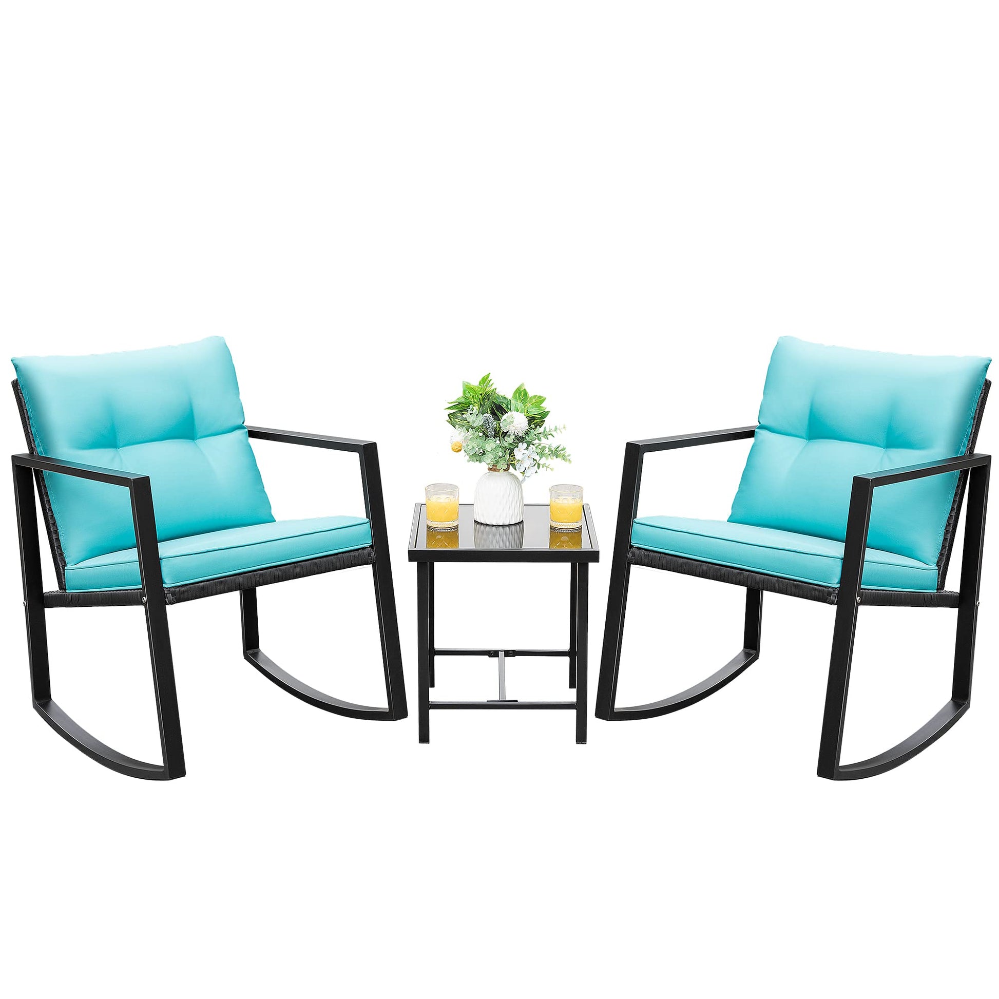 Devoko 3 Piece Rocking Bistro Set Wicker Patio Outdoor Furniture Porch Chairs Conversation Sets with Glass Coffee Table (Blue) - WoodArtSupply